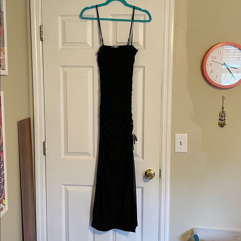 Black Ruched Maxi Dress with Bow and side slit and mesh overlay detail